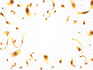 Gold confetti isolated on transparent background, celebration party background design with confetti and gold ribbons, Bright festive tinsel of gold color. Valentine’s Day, Birthday, Holiday, New Year,