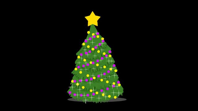 Animation of Christmas tree with twinkling lights. Isolation on transparent background with alpha channel.