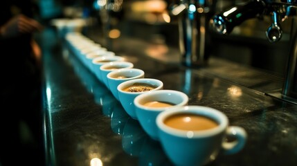 A row of espresso cups on a bar counter, ready to be served to eager customers