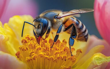 Naklejka premium Stunning image of a large striped bee extracting nectar from a colorful yellow flower on a sunny day, capturing the essence of nature and the art of pollination