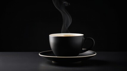 Elegant Black Coffee Cup with Steam on Dark Background
