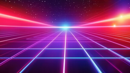 A vibrant 80s retro background featuring a neon grid, glowing laser beams, and a stunning outer space scene. This digital design captures the essence of the retro-futuristic era with bold colors, geom