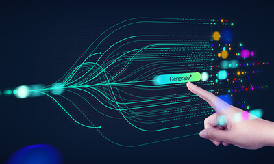 A hand showing AI tech with Generative Ai concept, artificial intelligence cyber security, digital transformation, finance, document file management, large language model, LLM