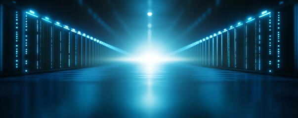 Obraz premium Futuristic data center illuminated by blue lights, showcasing modern technology.