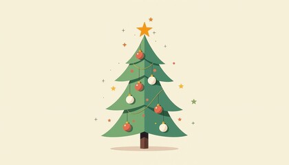 Christmas tree illustration with ornaments and star on a pastel background, copy space