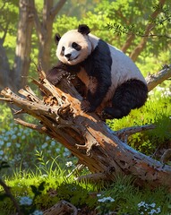 Panda Climbing on Fallen Tree in Lush Green Environment