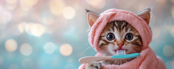 Obraz premium Cute kitten brushing teeth with a toothbrush, wearing a towel turban, bokeh background, copy space, funny animal portrait, digital art, pet insurance and oral hygiene concept