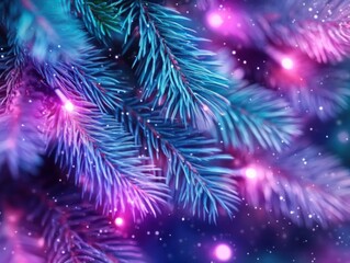 Fototapeta premium Sparkling Christmas Lights on a Blue Pine Tree Branch, Festive Holiday Decorations with Bright Glowing Bulbs, Creating a Magical Christmas Atmosphere in the Room
