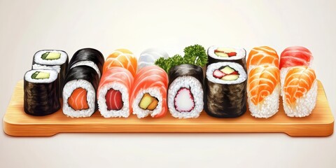 Sushi assortment on wooden board.