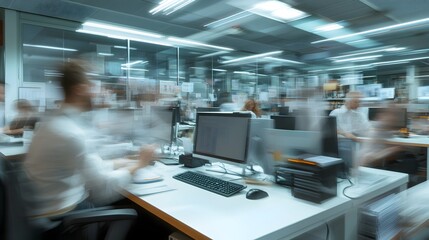 Busy office environment with blurred figures of employees working on computers desks and other office equipment  Represents a fast paced productive and collaborative workplace