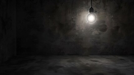 Dark empty room with single flickering light bulb casting long shadows, emphasizing absence of power and eerie atmosphere, minimalist setting with focus on light bulb's glow.