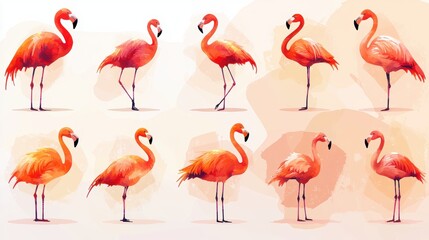 Obraz premium Nine pink flamingos on white background.