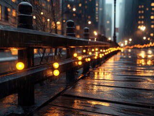 Fototapeta premium Warm Festive Lights Gleaming on a Rainy Winter Night, Illuminating a Bridge with Festive Cheer and a Glowing Brightness The City Lights Reflect on the Wet Wooden Planks, Creating a Magical and Cozy