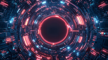 abstract tech background with neon-lit circuit boards, wires, and microchips, set against a dark, gradient blue background.