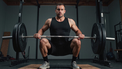 Man lifting barbell in squat position at gym