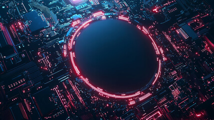 abstract tech background with neon-lit circuit boards, wires, and microchips, set against a dark, gradient blue background.