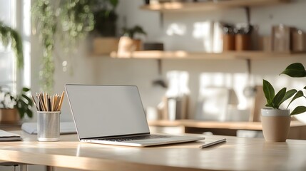 Cozy and productive workspace setup with laptop computer stationery and potted plants on a minimalist wooden desk in a modern warm toned home office or study environment