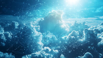 Ethereal background of cloud computing with interconnected clouds, data and connectivity.