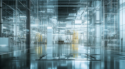 Obraz premium A futuristic factory with transparent walls that showcases ethical practices, the use of clean energy, and symbolizes transparency in ESG reporting.