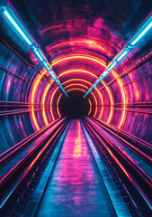 Neon-light abstract background of a futuristic subway tunnel .