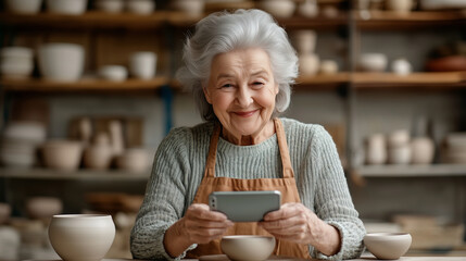 An elderly woman lives streaming handmade pottery from a small studio, using a smartphone to connect with her viewers.