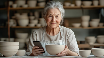 An elderly woman lives streaming handmade pottery from a small studio, using a smartphone to connect with her viewers.