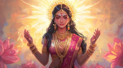Divine Grace: Vibrant portrayal of Hindu goddess Uma exuding confidence against Indian backdrop