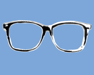 close up of glasses frame pixelate grayscale color halftone dotted texture style collage element isolated on blue background