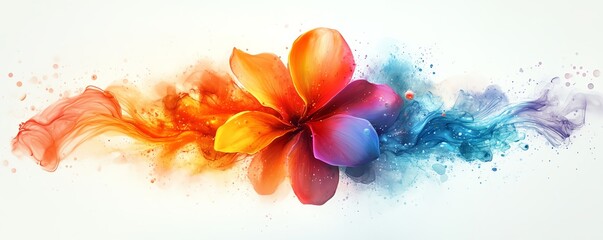 Obraz premium Colorful abstract rainbow ink splatter with swirling designs, fantasy flower texture in watercolor, paint brush stroke explosion, modern vibrant 3D digital art