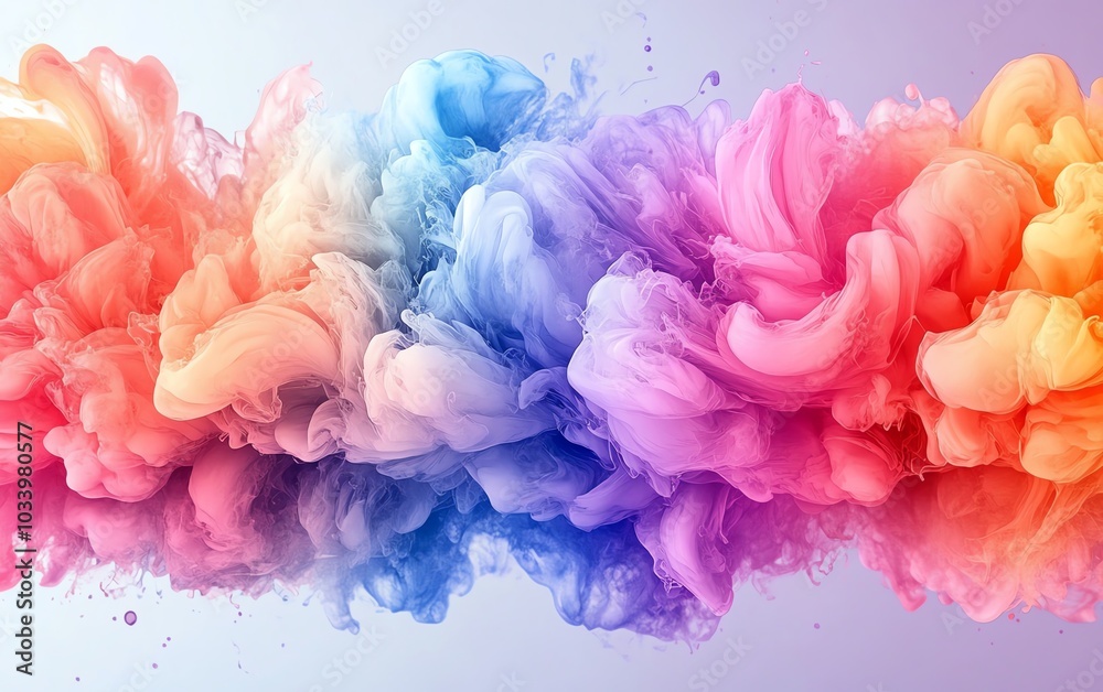 Poster dynamic abstract ink splatter and swirl in rainbow colors, fantasy floral texture, brush stroke expl