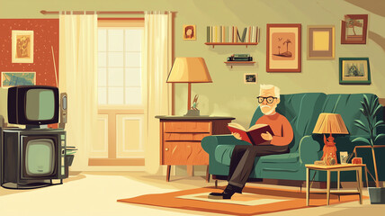 Fototapeta premium vector style that is colorful, simple, and minimalistic, in a cartoon style, elderly man reading a book, sitting in living room. Senior man reading, hobby for retired or old people. Training the mind.