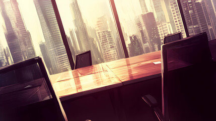 A modern conference room with a city skyline view, designed for business meetings.