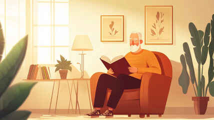 Fototapeta premium vector style that is colorful, simple, and minimalistic, in a cartoon style, elderly man reading a book, sitting in living room. Senior man reading, hobby for retired or old people. Training the mind.