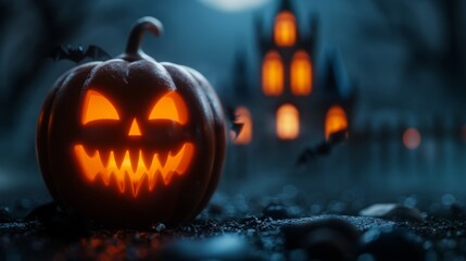 Naklejka premium A carved pumpkin lights up with a menacing grin beside a dark castle under a full moon
