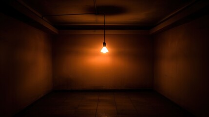 Dark empty room with single flickering light bulb casting long shadows, emphasizing absence of power and eerie atmosphere, minimalist setting with focus on light bulb's glow.
