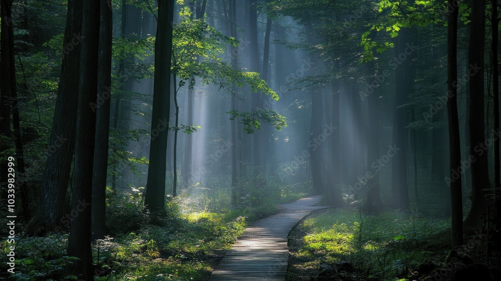 Poster Sunbeams Through the Trees, Illuminating a Forest Path