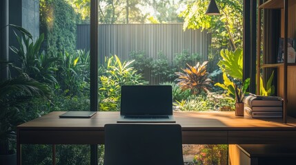 Fototapeta premium A laptop on a wooden desk with a view of