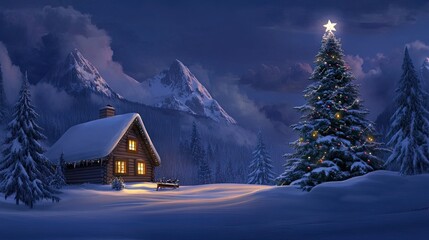 Fototapeta premium Cozy Winter Cabin with Christmas Tree in Snowy Landscape