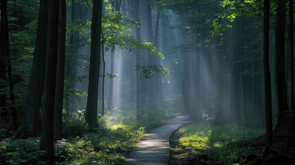 Obraz premium Sunbeams Through the Trees, Illuminating a Forest Path