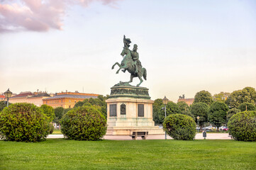 Vienna, Austria - July 23, 2024: Archduke Karl Equestrian Statue in Heldenplatz square in Vienna
