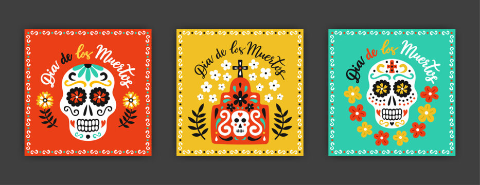 Mexican style square greeting card set. Ornate skulls, tomb with cross flourishes, flowers, leaves decoration. Day of the Dead hand drawn lettering inscription in Spanish language. Vector illustration