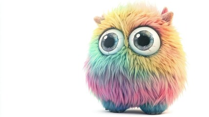 Naklejka premium Cute furry monster, round body, big eyes, isolated white background, watercolor style