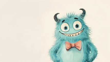Naklejka premium Cute monster wearing a bowtie, soft fur, joyful demeanor, watercolor style