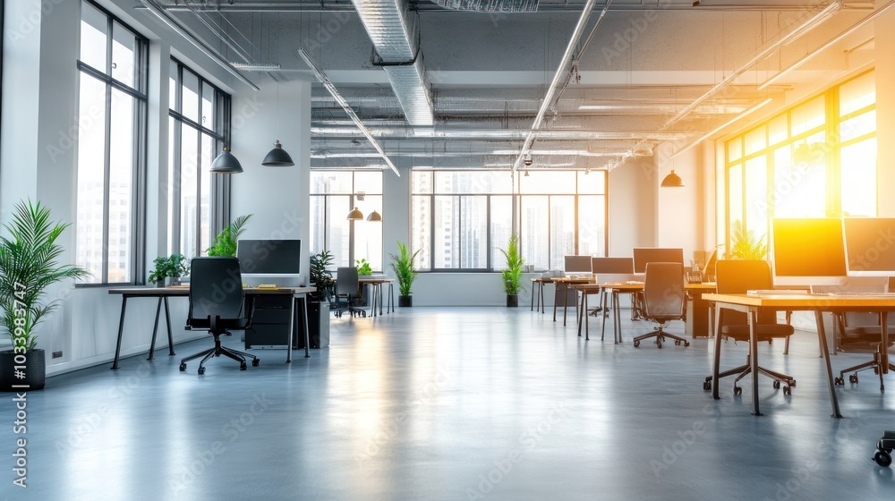 Poster modern office interior with large windows and empty desks