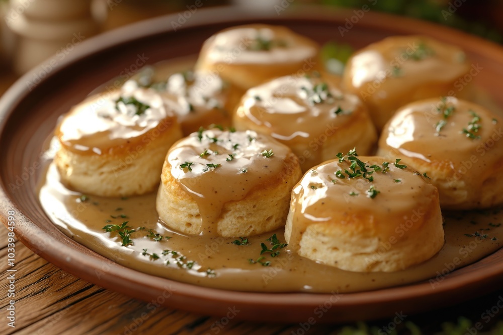 Wall mural A plate filled with savory biscuits and rich gravy, perfect for a comforting meal