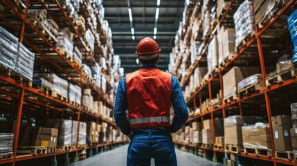Fototapeta premium Employee examining the arrangement of goods on racks, large warehouse, back view
