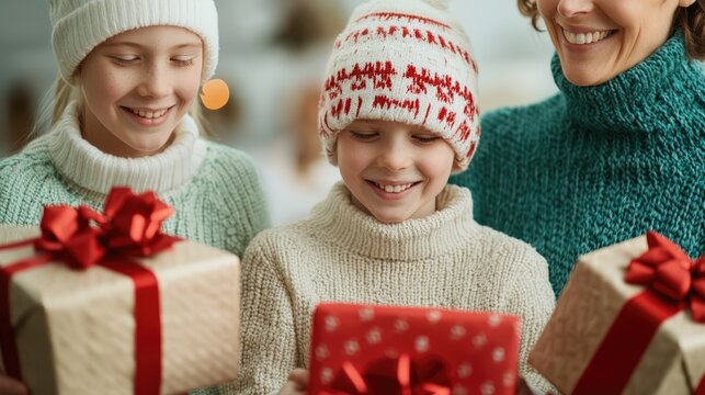 A cozy family scene with a mother and two children sharing a wrapped Christmas gift, surrounded by festive decorations and a Christmas tree.