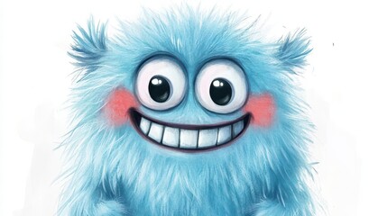 Obraz premium Fluffy monster with a big smile, rosy cheeks, isolated background, watercolor style