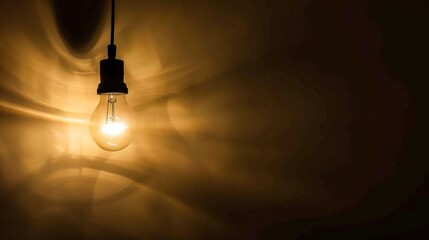 Dark empty room with single flickering light bulb casting long shadows, emphasizing absence of power and eerie atmosphere, minimalist setting with focus on light bulb's glow.