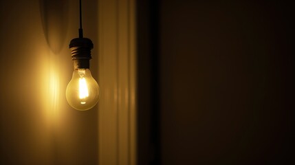 Dark empty room with single flickering light bulb casting long shadows, emphasizing absence of power and eerie atmosphere, minimalist setting with focus on light bulb's glow.